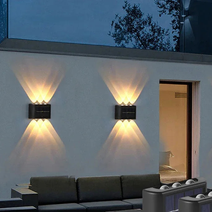Luminária de parede solar externa à prova d'água, alimentada por energia solar, com iluminação para cima e para baixo, ideal para decoração de casa, jardim e quintal